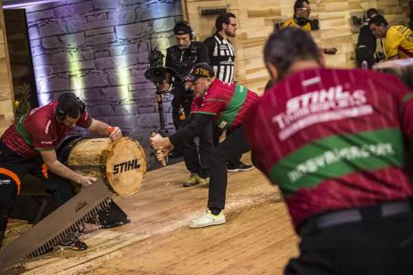 Team Hungary performs during the Team qualification of the Stihl Timbersports World Championships at the Porsche-Arena in Stuttgart, Germany on November 11, 2016.