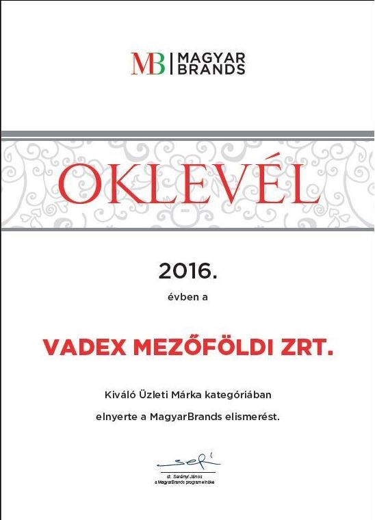 MagyarBrands díjas lett a VADEX Mezőföldi Zrt.